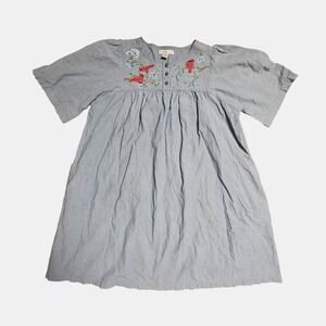 Go Softly‎ Petites Bird Floral Embroidery Chambray Puff Sleeve Tunic Dress PL
